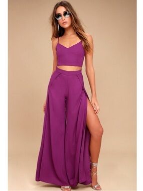 Lulus Magenta TWO PIECE jumpsuit Wide-Leg Split Palazzo Pants crop top